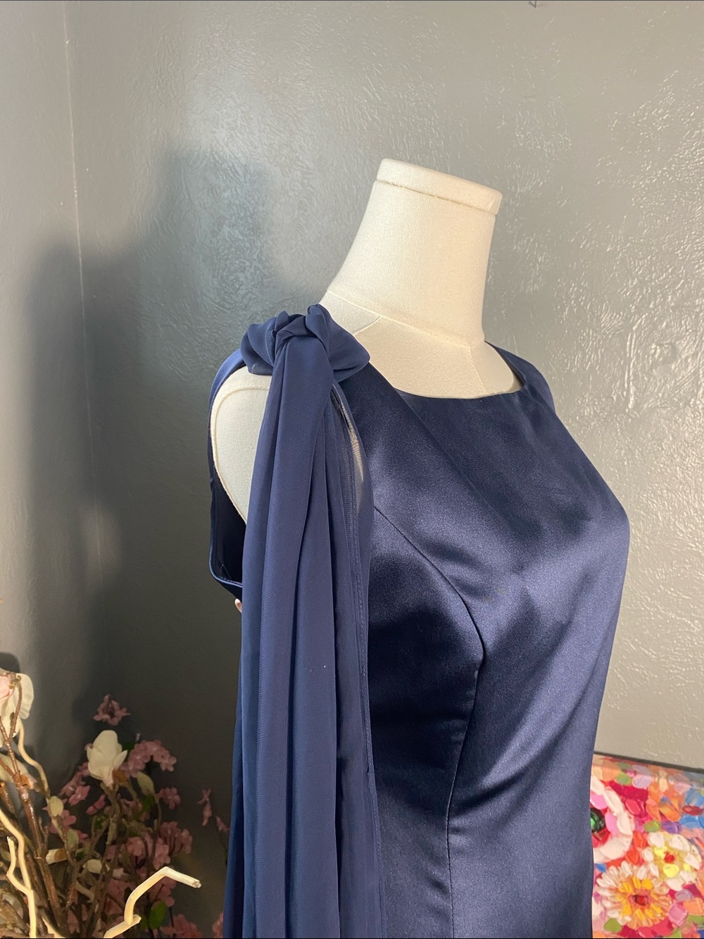 Michaelangelo Navy One Shoulder Formal Gown Cape Sleeve Prom Evening Dress - Picture 5 of 10